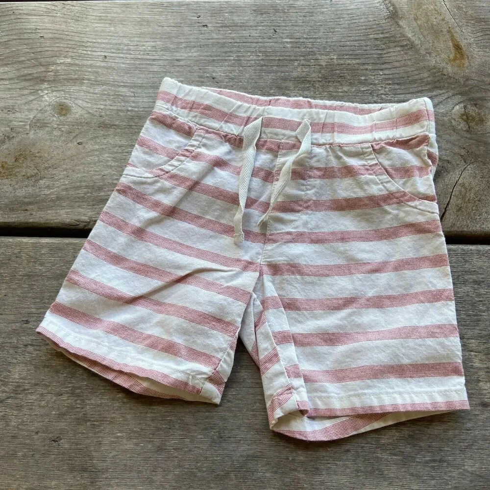 Old‎ Navy Boys Shorts Size 12-18 Months Red Cream Striped Summer Vacation Beach
